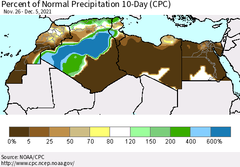 North Africa Percent of Normal Precipitation 10-Day (CPC) Thematic Map For 11/26/2021 - 12/5/2021