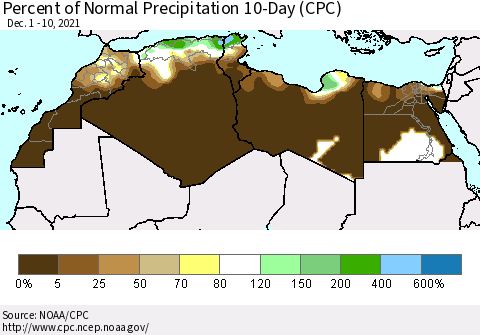 North Africa Percent of Normal Precipitation 10-Day (CPC) Thematic Map For 12/1/2021 - 12/10/2021