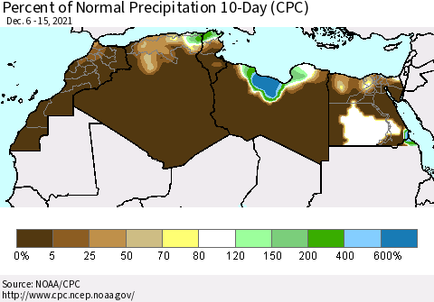 North Africa Percent of Normal Precipitation 10-Day (CPC) Thematic Map For 12/6/2021 - 12/15/2021