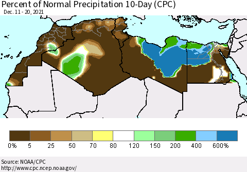 North Africa Percent of Normal Precipitation 10-Day (CPC) Thematic Map For 12/11/2021 - 12/20/2021