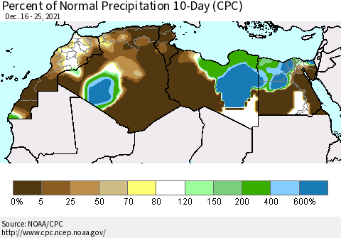 North Africa Percent of Normal Precipitation 10-Day (CPC) Thematic Map For 12/16/2021 - 12/25/2021
