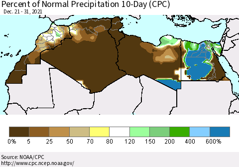 North Africa Percent of Normal Precipitation 10-Day (CPC) Thematic Map For 12/21/2021 - 12/31/2021