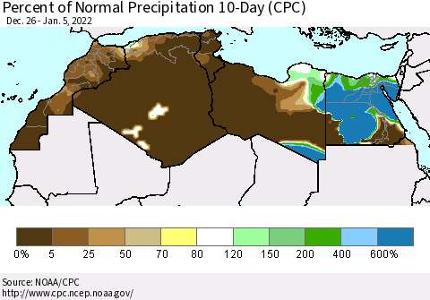 North Africa Percent of Normal Precipitation 10-Day (CPC) Thematic Map For 12/26/2021 - 1/5/2022