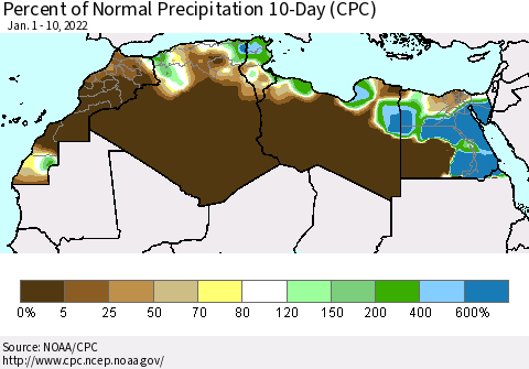 North Africa Percent of Normal Precipitation 10-Day (CPC) Thematic Map For 1/1/2022 - 1/10/2022