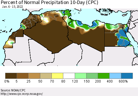 North Africa Percent of Normal Precipitation 10-Day (CPC) Thematic Map For 1/6/2022 - 1/15/2022