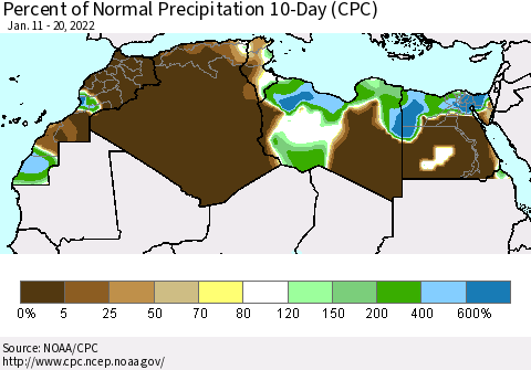 North Africa Percent of Normal Precipitation 10-Day (CPC) Thematic Map For 1/11/2022 - 1/20/2022