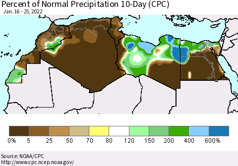 North Africa Percent of Normal Precipitation 10-Day (CPC) Thematic Map For 1/16/2022 - 1/25/2022
