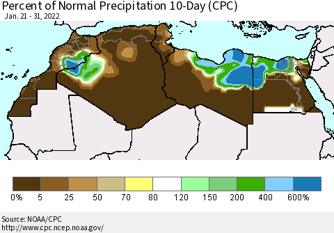 North Africa Percent of Normal Precipitation 10-Day (CPC) Thematic Map For 1/21/2022 - 1/31/2022