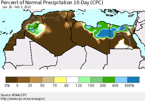 North Africa Percent of Normal Precipitation 10-Day (CPC) Thematic Map For 1/26/2022 - 2/5/2022