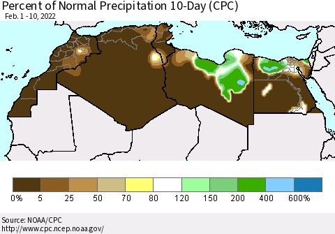 North Africa Percent of Normal Precipitation 10-Day (CPC) Thematic Map For 2/1/2022 - 2/10/2022