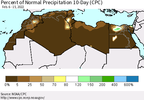 North Africa Percent of Normal Precipitation 10-Day (CPC) Thematic Map For 2/6/2022 - 2/15/2022