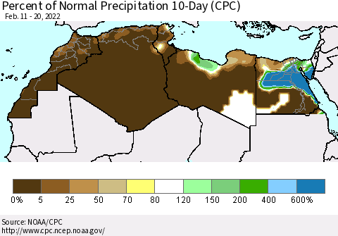 North Africa Percent of Normal Precipitation 10-Day (CPC) Thematic Map For 2/11/2022 - 2/20/2022