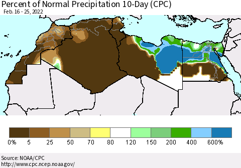 North Africa Percent of Normal Precipitation 10-Day (CPC) Thematic Map For 2/16/2022 - 2/25/2022