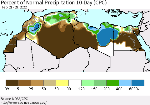 North Africa Percent of Normal Precipitation 10-Day (CPC) Thematic Map For 2/21/2022 - 2/28/2022