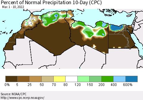 North Africa Percent of Normal Precipitation 10-Day (CPC) Thematic Map For 3/1/2022 - 3/10/2022