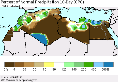 North Africa Percent of Normal Precipitation 10-Day (CPC) Thematic Map For 3/6/2022 - 3/15/2022