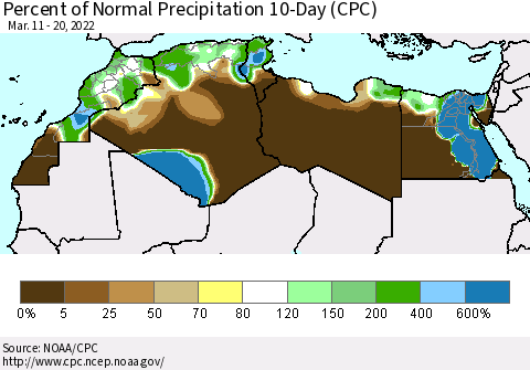 North Africa Percent of Normal Precipitation 10-Day (CPC) Thematic Map For 3/11/2022 - 3/20/2022