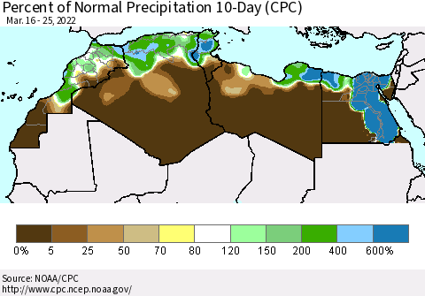 North Africa Percent of Normal Precipitation 10-Day (CPC) Thematic Map For 3/16/2022 - 3/25/2022