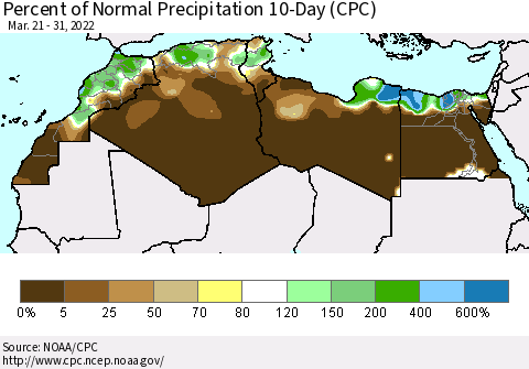 North Africa Percent of Normal Precipitation 10-Day (CPC) Thematic Map For 3/21/2022 - 3/31/2022