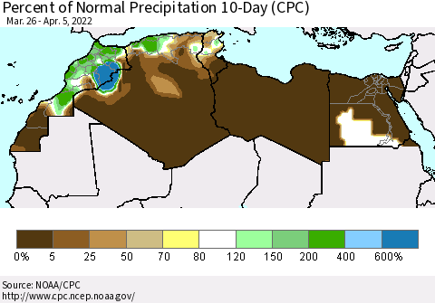 North Africa Percent of Normal Precipitation 10-Day (CPC) Thematic Map For 3/26/2022 - 4/5/2022