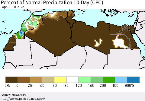 North Africa Percent of Normal Precipitation 10-Day (CPC) Thematic Map For 4/1/2022 - 4/10/2022