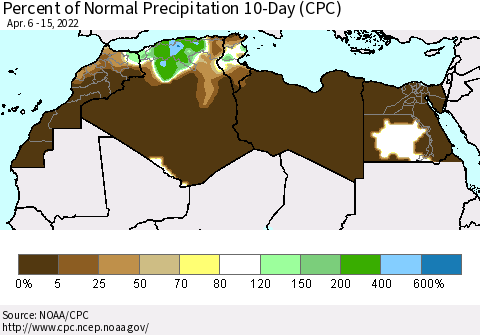 North Africa Percent of Normal Precipitation 10-Day (CPC) Thematic Map For 4/6/2022 - 4/15/2022
