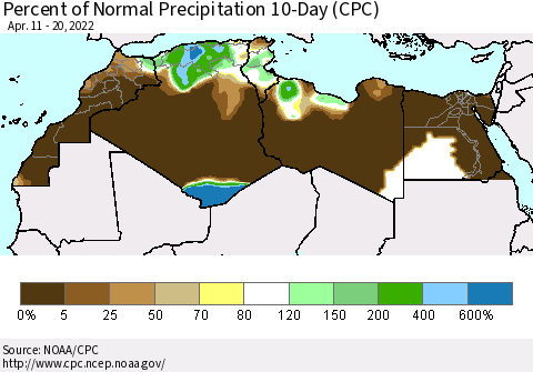 North Africa Percent of Normal Precipitation 10-Day (CPC) Thematic Map For 4/11/2022 - 4/20/2022