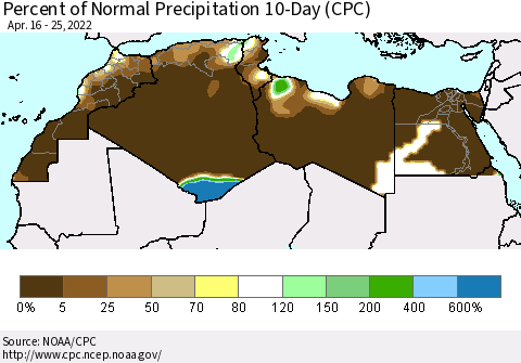 North Africa Percent of Normal Precipitation 10-Day (CPC) Thematic Map For 4/16/2022 - 4/25/2022