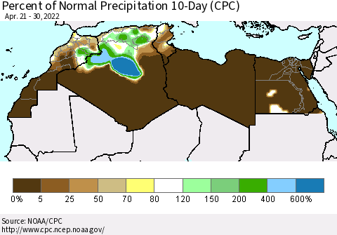 North Africa Percent of Normal Precipitation 10-Day (CPC) Thematic Map For 4/21/2022 - 4/30/2022