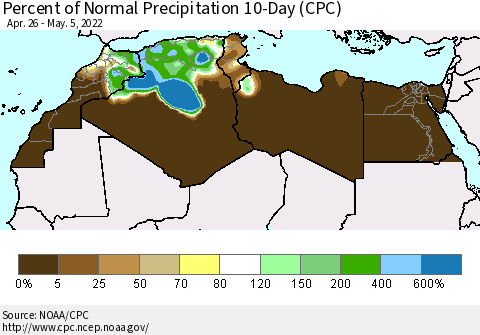 North Africa Percent of Normal Precipitation 10-Day (CPC) Thematic Map For 4/26/2022 - 5/5/2022