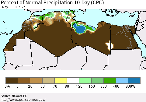 North Africa Percent of Normal Precipitation 10-Day (CPC) Thematic Map For 5/1/2022 - 5/10/2022