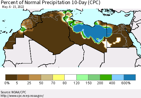 North Africa Percent of Normal Precipitation 10-Day (CPC) Thematic Map For 5/6/2022 - 5/15/2022