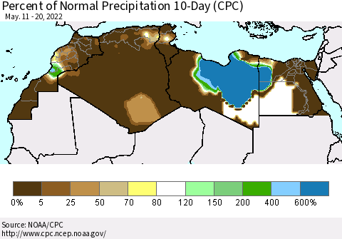North Africa Percent of Normal Precipitation 10-Day (CPC) Thematic Map For 5/11/2022 - 5/20/2022