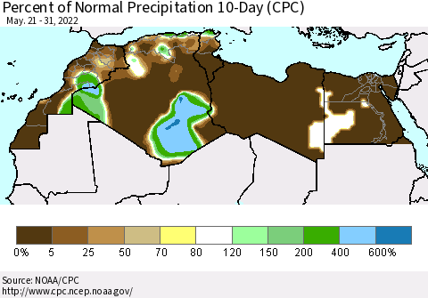 North Africa Percent of Normal Precipitation 10-Day (CPC) Thematic Map For 5/21/2022 - 5/31/2022