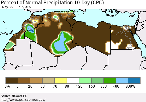North Africa Percent of Normal Precipitation 10-Day (CPC) Thematic Map For 5/26/2022 - 6/5/2022