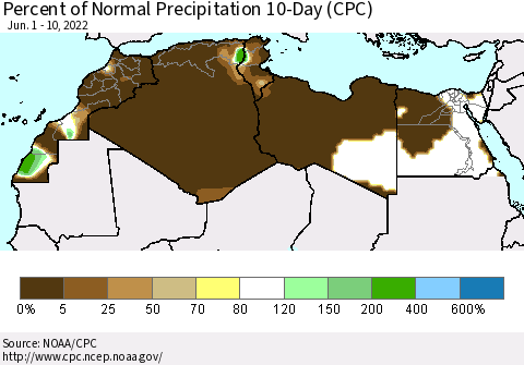 North Africa Percent of Normal Precipitation 10-Day (CPC) Thematic Map For 6/1/2022 - 6/10/2022