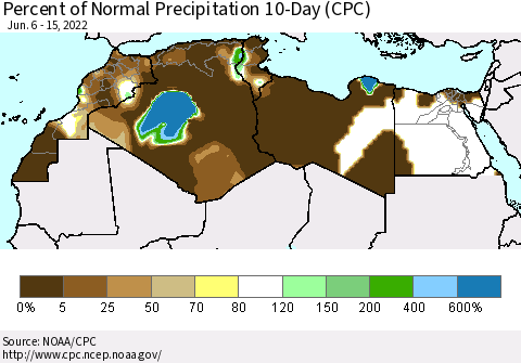 North Africa Percent of Normal Precipitation 10-Day (CPC) Thematic Map For 6/6/2022 - 6/15/2022