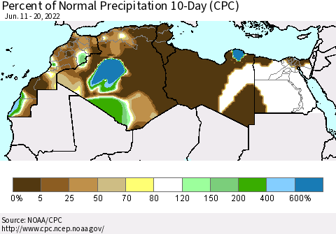 North Africa Percent of Normal Precipitation 10-Day (CPC) Thematic Map For 6/11/2022 - 6/20/2022