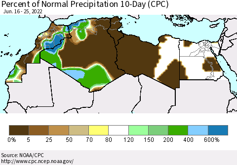 North Africa Percent of Normal Precipitation 10-Day (CPC) Thematic Map For 6/16/2022 - 6/25/2022