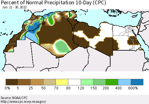 North Africa Percent of Normal Precipitation 10-Day (CPC) Thematic Map For 6/21/2022 - 6/30/2022
