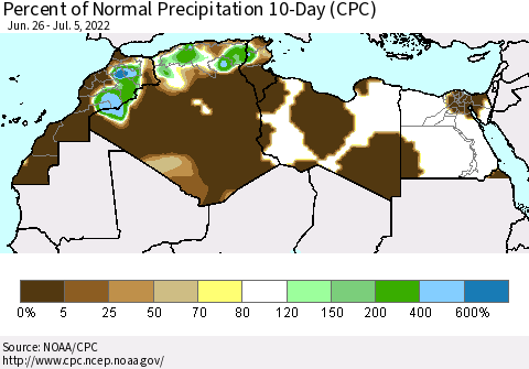 North Africa Percent of Normal Precipitation 10-Day (CPC) Thematic Map For 6/26/2022 - 7/5/2022