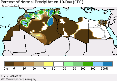 North Africa Percent of Normal Precipitation 10-Day (CPC) Thematic Map For 7/1/2022 - 7/10/2022