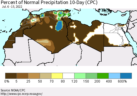 North Africa Percent of Normal Precipitation 10-Day (CPC) Thematic Map For 7/6/2022 - 7/15/2022