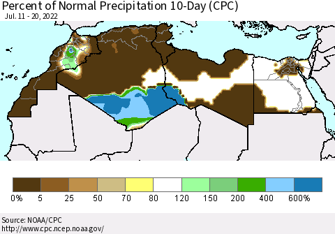 North Africa Percent of Normal Precipitation 10-Day (CPC) Thematic Map For 7/11/2022 - 7/20/2022