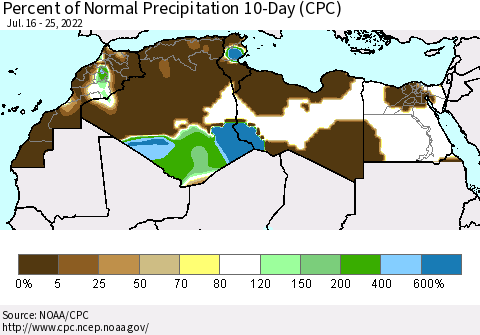 North Africa Percent of Normal Precipitation 10-Day (CPC) Thematic Map For 7/16/2022 - 7/25/2022