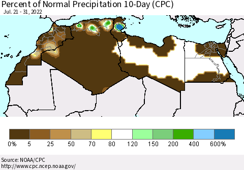 North Africa Percent of Normal Precipitation 10-Day (CPC) Thematic Map For 7/21/2022 - 7/31/2022