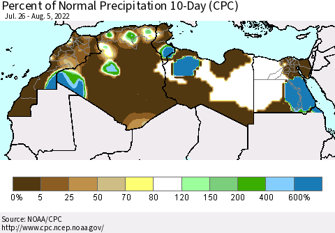 North Africa Percent of Normal Precipitation 10-Day (CPC) Thematic Map For 7/26/2022 - 8/5/2022