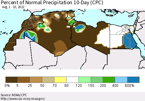 North Africa Percent of Normal Precipitation 10-Day (CPC) Thematic Map For 8/1/2022 - 8/10/2022