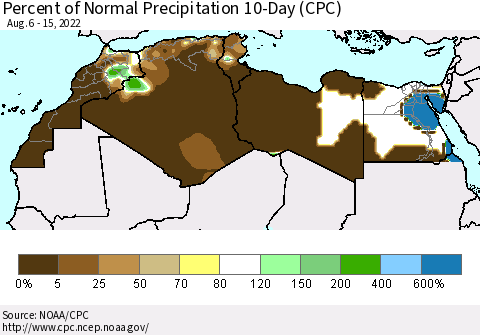North Africa Percent of Normal Precipitation 10-Day (CPC) Thematic Map For 8/6/2022 - 8/15/2022