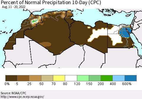 North Africa Percent of Normal Precipitation 10-Day (CPC) Thematic Map For 8/11/2022 - 8/20/2022